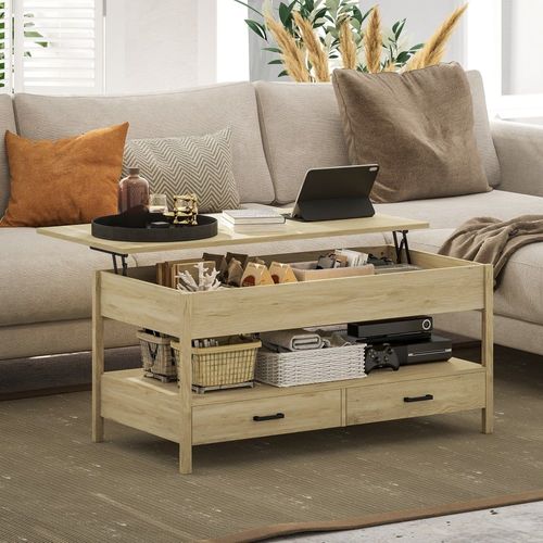 Table Basse Plateau Relevable Rectangulaire Avec Tiroirs Chêne Clair
