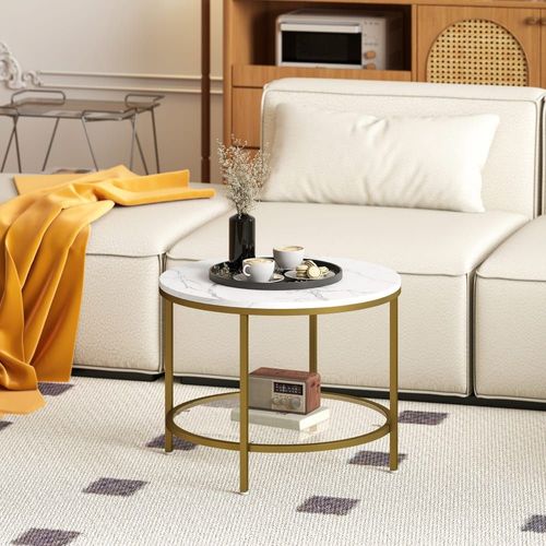 Table Basse Salon Plateau Effet Marbre Étagère En Verre Trempé Blanc