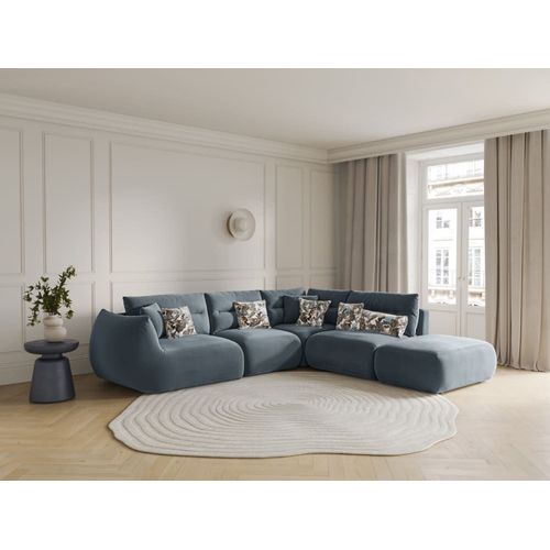 Canapé D'angle Droit 7 Places En Velours Bleu Gris