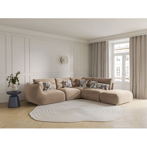 Canapé D'angle Droit 7 Places En Velours Amande Beige