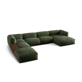 Canapé D'angle Gauche Panoramique Modulable 5 Places En Velours Vert