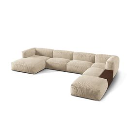 Canapé D'angle Panoramique Modulable 5 Places Velours Beige Clair