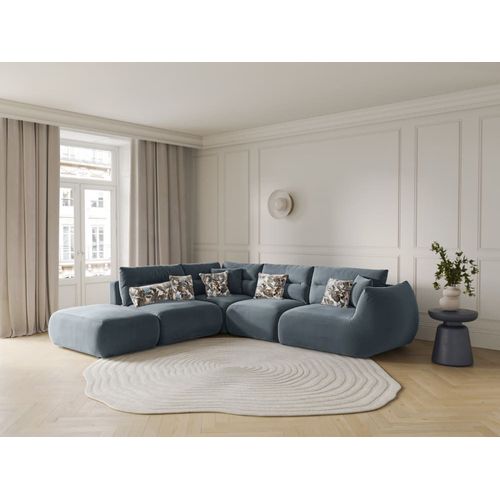 Canapé D'angle Gauche 7 Places En Velours Bleu Gris