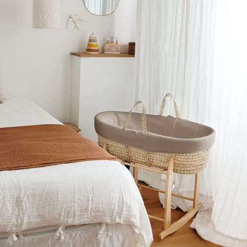 Couffin Avec Support À Bascule Bois, Habillage En Coton Bio - Noisette