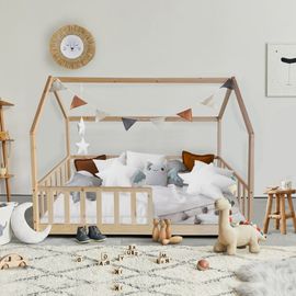 Lit Cabane Avec Sommier Et Matelas, Bois Clair, 90x190 Cm