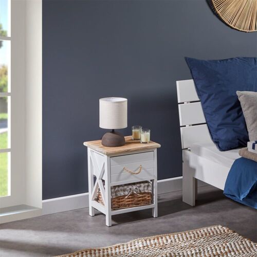 Table de chevet 1 tiroir 1 panier avec tissu, en bois blanc