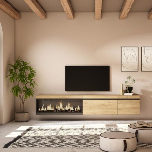 Meuble tv effet bois de chêne 237x35x45cm cheminée effet feu XXL