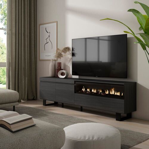 Meuble tv effet bois noir 200x35x57cm cheminée effet feu