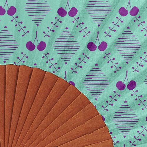 Eventail en bois de merisier et toile imprimée motif cerises mauve
