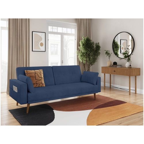 Canapé Droit Scandinave Convertible 3 Places En Velours Côtelé Bleu