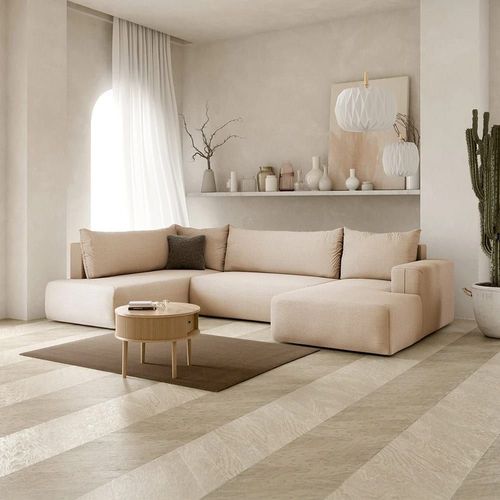 Canapé Panoramique Gauche 5 Places En Tissu Beige