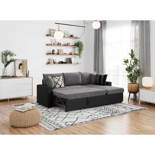 Canapé D'angle Convertible Coffre Marron, Simili Microfibre Gris/Noir
