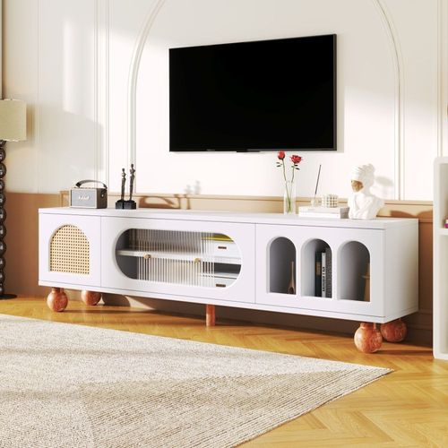 Meuble Tv Blanc Avec Porte En Rotin Poignées Pieds Dorées 170*47*37 Cm