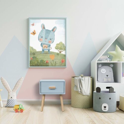 Table de chevet pour enfants bleu ciel et marron avec 1 tiroir