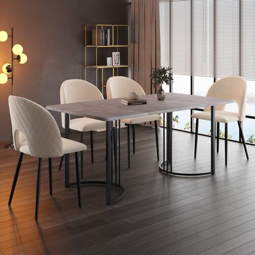 Table de salle à manger effet marbre gris pieds métalliques noirs