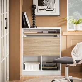 Bureau pliant effet bois blanc avec étagères, table de travail