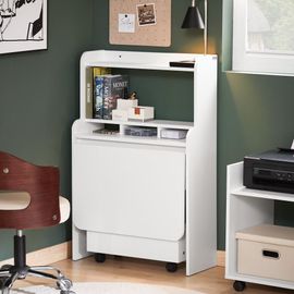 Bureau Pliable Effet Bois Blanc Avec Étagères Et 1 Boîte À Roulettes