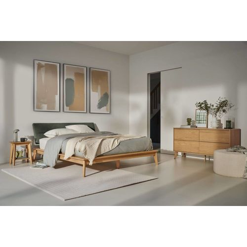 Lit Effet Bois Avec Tête De Lit Tissu Vert Foncé 160 X 200 Cm