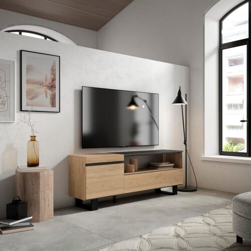 Meuble tv effet bois de chêne et noir 150x35x57cm avec pieds