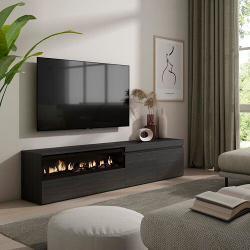 Meuble tv effet bois noir 200x35x45cm cheminée effet feu