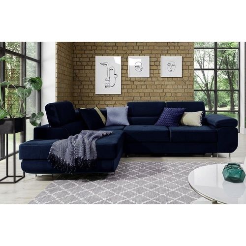 Canapé D'angle Gauche Convertible Velours Bleu Foncé 5 Places