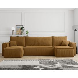Canapé Panoramique Convertible En Velours Côtelé Jaune Moutarde