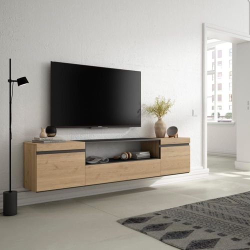 Meuble Tv Effet Bois De Chêne Et Noir 200x35x45cm Suspendu