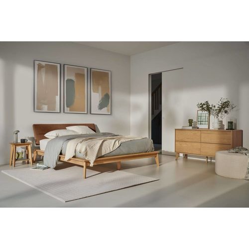 Lit Effet Bois Avec Tête De Lit Tissu Terracotta 160 X 200 Cm