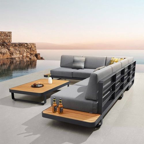 Salon De Jardin D'angle Gris En Aluminium 6 Places