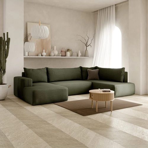 Canapé Panoramique Droit 5 Places En Tissu Kaki