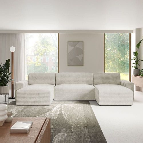 Canapé Panoramique Convertible 5 Places En Côtelé Écru