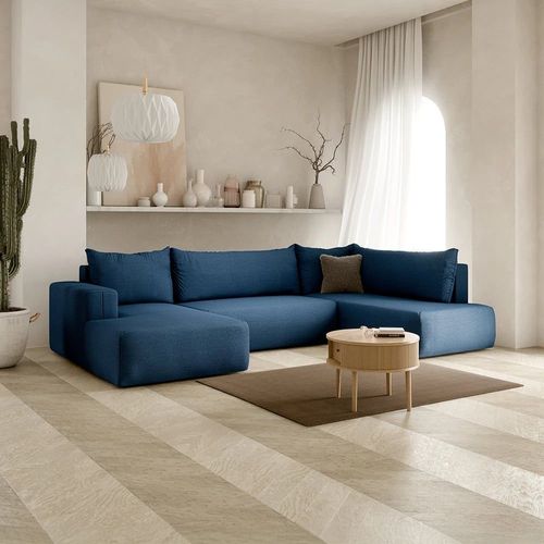 Canapé Panoramique Droit 5 Places En Tissu Bleu Foncé