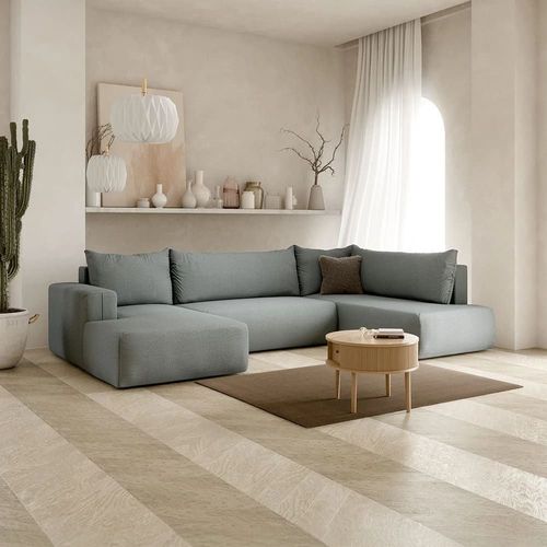 Canapé Panoramique Droit 5 Places En Tissu Gris Clair