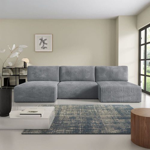 Canapé Panoramique Convertible 5 Places En Côtelé Gris