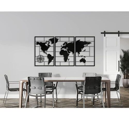 Déco murale triptyque carte du monde en métal 120x60 cm