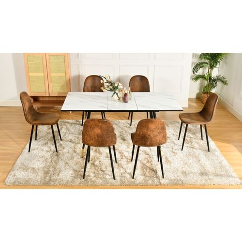 Table Effet Marbre Extensible + 6 Chaises Vintage Suédine Marron