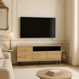 Meuble Tv Contemporain En Bois Naturel Avec Rangement Spacieux