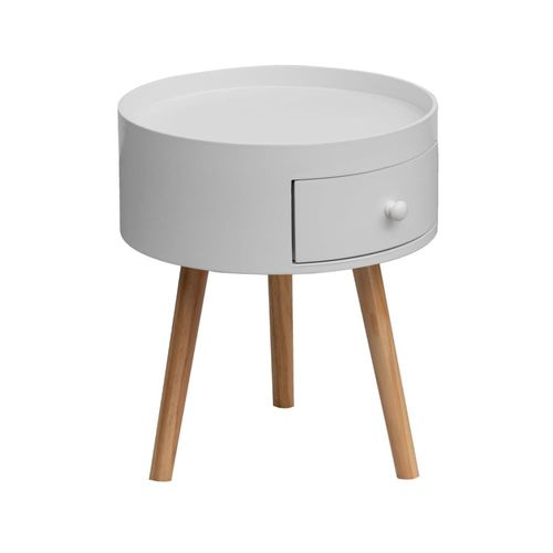 Table De Chevet Ronde 1 Tiroir En Bois Marron Et Blanc