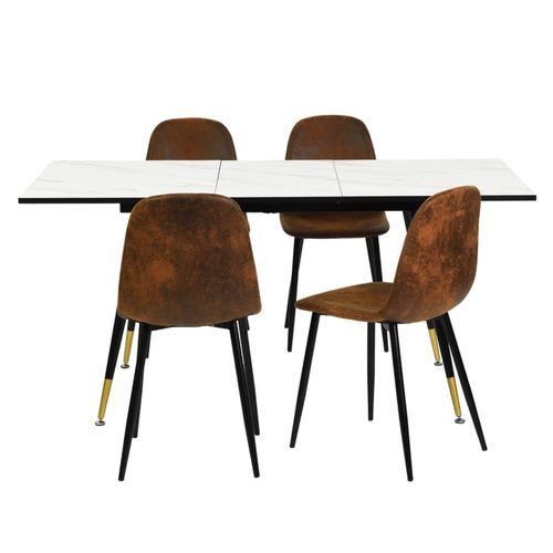 Table Extensible Effet Marbre + 4 Chaises Marron
