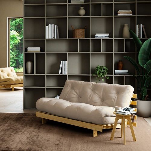 Canapé Convertible En Bois Et Tissu 2 Places - Beige