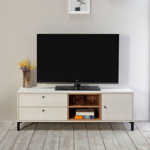 Meuble Tv 2 Tiroirs Et 1 Porte, Couleur Blanc/Bois, 136,5 Cm Longueur