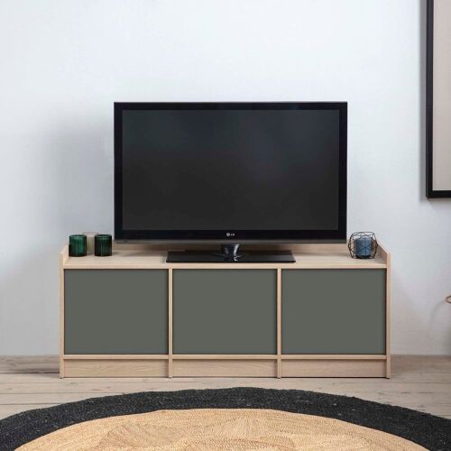 Meuble tv avec 3 portes, couleur chêne/gris, 139 cm longueur