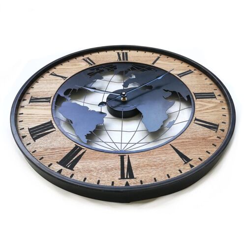 Horloge murale monde effet bois et métal noir et marron ø 50 cm