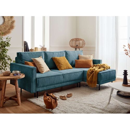 Canapé D'angle Réversible Convertible 4 Places En Velours Côtelé Bleu