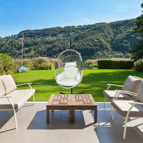 Fauteuil Suspendu De Jardin Beige Avec Support Polyrattan Acier
