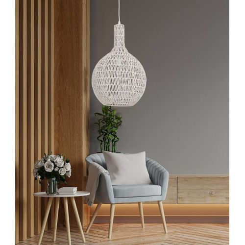 Suspension En Rotin Blanc, D. 33 Cm