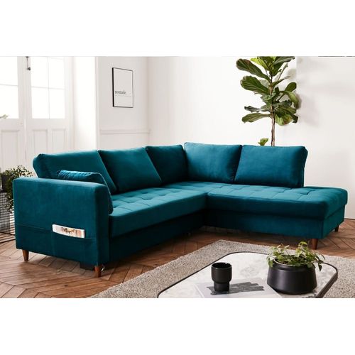 Canapé D'angle Droit Convertible 5 Places En Velours Bleu Canard