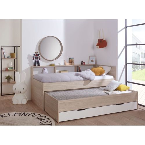Lit gigogne 90x200 cm + 2 tiroirs de rangement bois et blanc