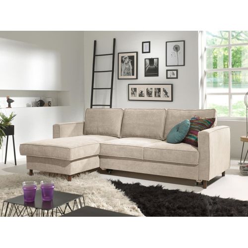 Canapé D'angle Gauche Convertible 4 Places En Velours Côtelé Beige