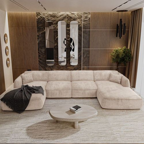 Canapé Panoramique 5 Places Velours Tramé Crème 346cm